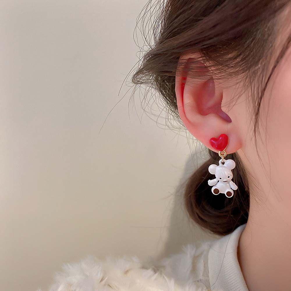 Mxbeauty Bear Stud Earring Minimalis Temperamen Wanita Hitam Kotak Putih Kartun Gadis Gaya Korea Earrings