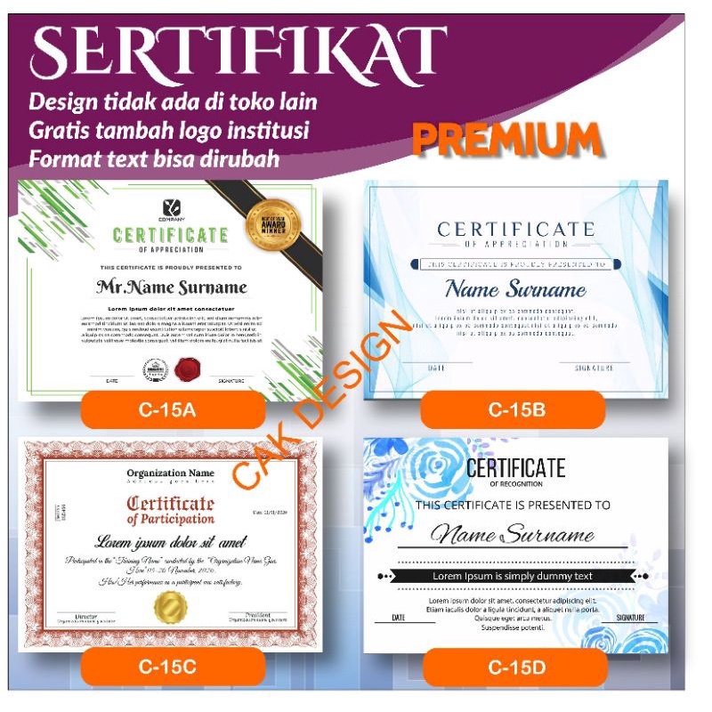 

Cetak Sertifikat / Certificate Custom Tanpa minimal Order Banyak Tema, Classic, Standard, Premium Bahan tebal Concorde, BC, dan Jasmine Bisa pilih beberapa design.