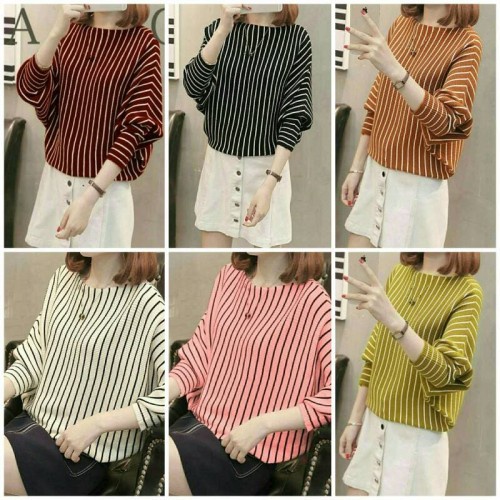 Atasan Rajut Jumbo Wanita Outerwear Blouse Batwing Salur Oversize Lasperal Knit Batwing Kalong