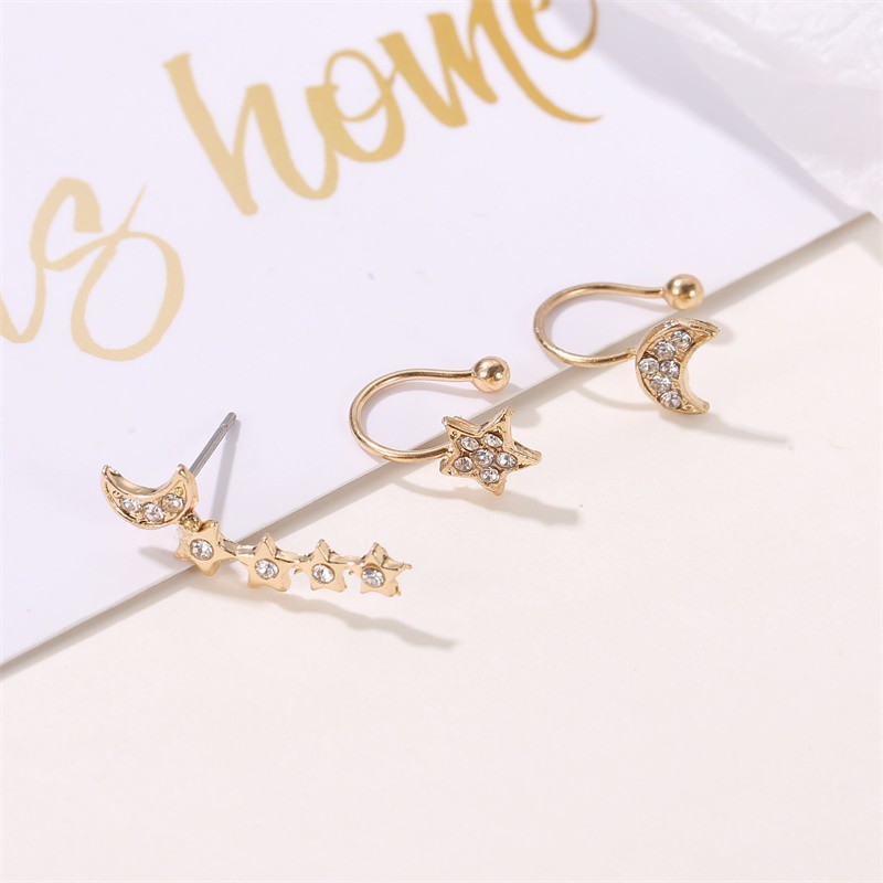 3pcs/set Anting Klip Tulang Telinga Bentuk Bintang Anting Imitasi Berlian Klip Telinga Bintang Bulan