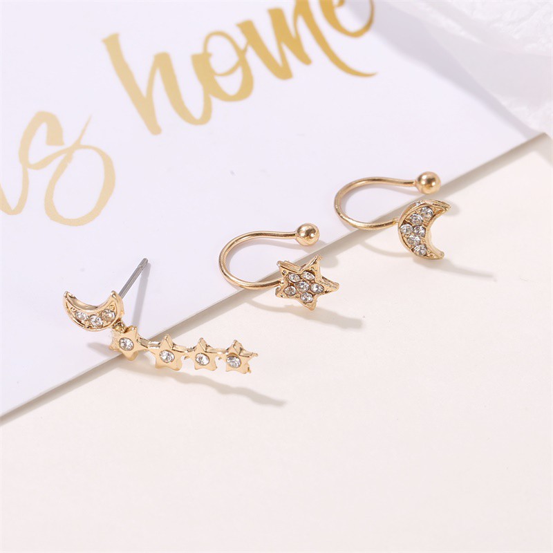 3pcs/set Anting Klip Tulang Telinga Bentuk Bintang Anting Imitasi Berlian Klip Telinga Bintang Bulan