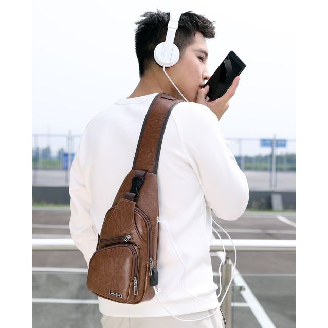 TAS KULIT SELEMPANG PRIA COKLAT RONALDO ASLI USB IMPORT MURAH TA003B7 PROMO BATAM HP DADA SLING BAG