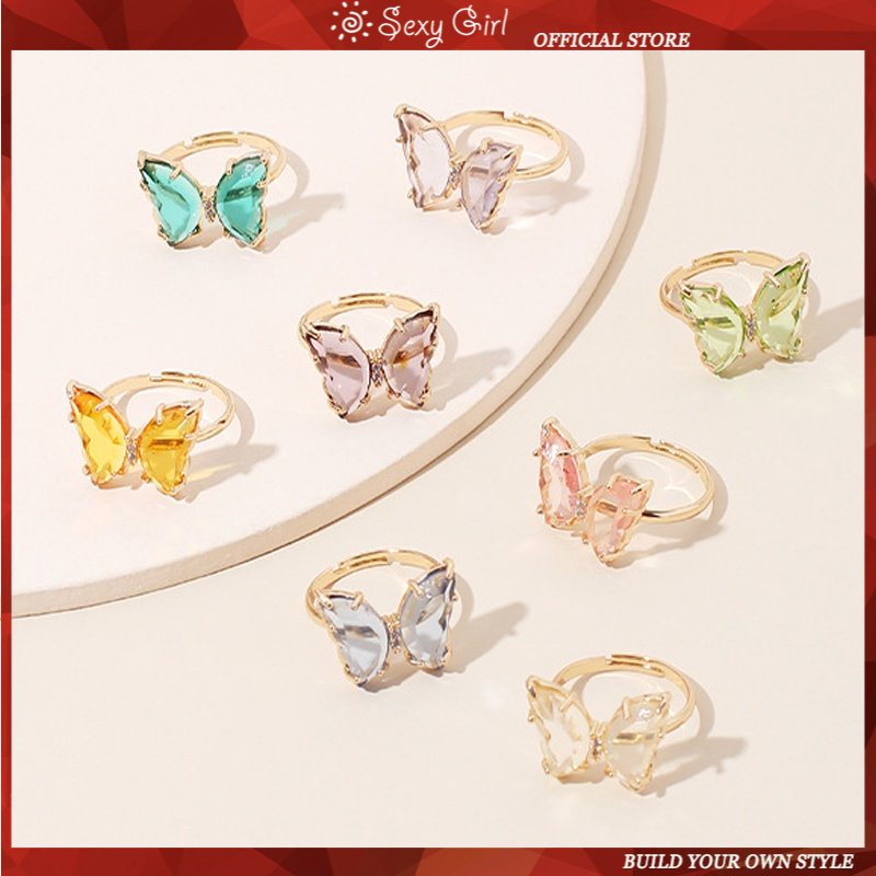 Cincin Model Terbuka Bahan Akrilik Resin Desain Kupu-Kupu Warna Warni Gaya Sexy Adjustable Untuk Wanita