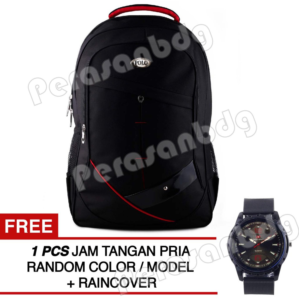 PTS -Polo USA - North America Laptop Backpack - Black + FREE Jam Tangan Pria Random Model