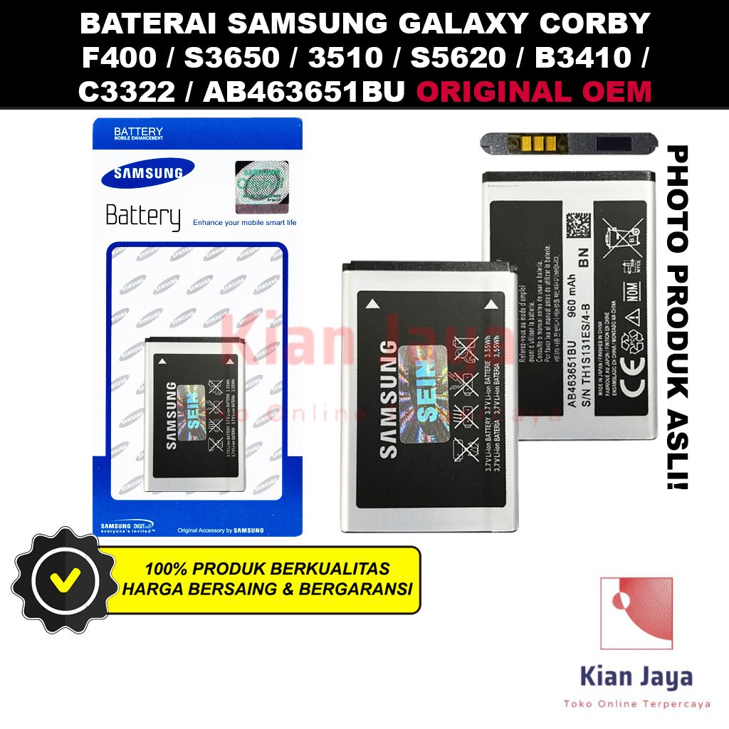 Baterai Samsung Corby B3410 Lakota C3322 F400 S3650 C3510 S5620 Original OEM Batre Batrai Battery Hp AB463651BU Ori