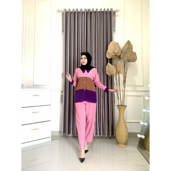 One Set Wanita  Rainbow Rayon Premium Setelan Wanita Lengan Panjang Set Celana Panjang Kekinian LD 110 cm