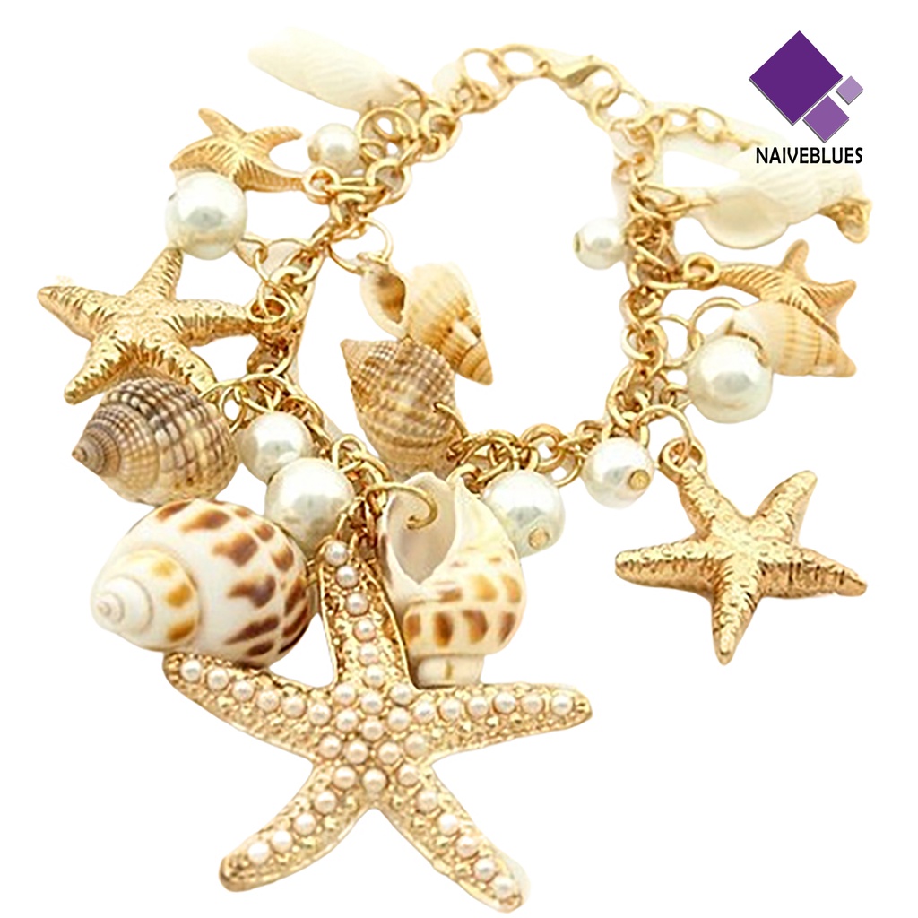 Naiveblue &gt; Gelang Tangan Rantai Adjustable Motif Laut Warna Gold Untuk Wanita / Pantai