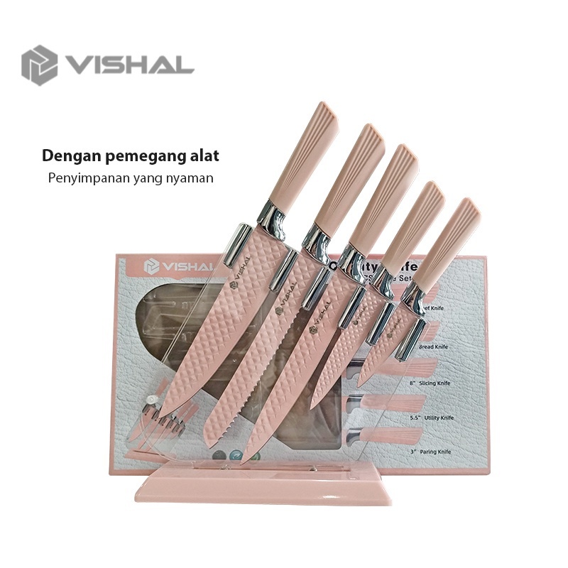 VISHAL Knife Diamond Set 6 in 1 Cookware Pisau Dapur Anti Lengket / Tempat Pisau VS-1845