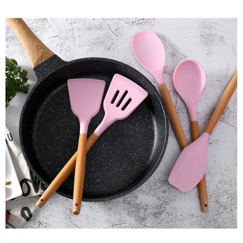 12pcs silicone cooking utensil spatula with wooden holder /alat masak silikon