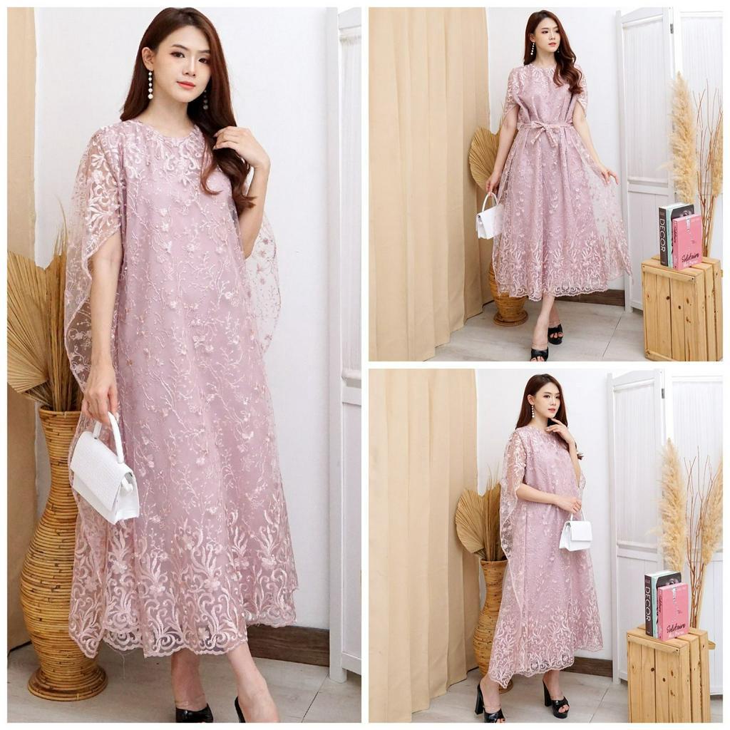 (ada RealPict) Long Dress Nagita Brukat Tille Bordir + Mutiara Gliter LongDress Batwing Brokat Premi