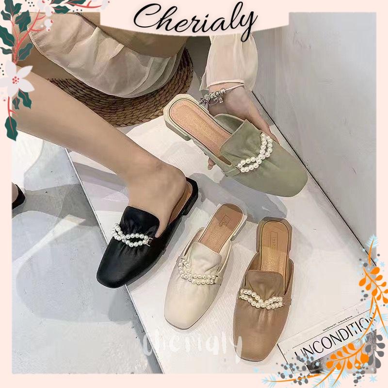 Sandal Slop Wanita Import Korean Motif Mutiara Serut Karet Jelly PVC Anti Slip Sendal Hak Pendek 1301