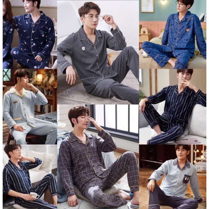 SETELAN SET ONE SET PAJAMAS PIYAMA BAJU TIDUR PRIA DEWASA PP KATUN TEBAL IMPORT PREMIUM LENGAN CELAN