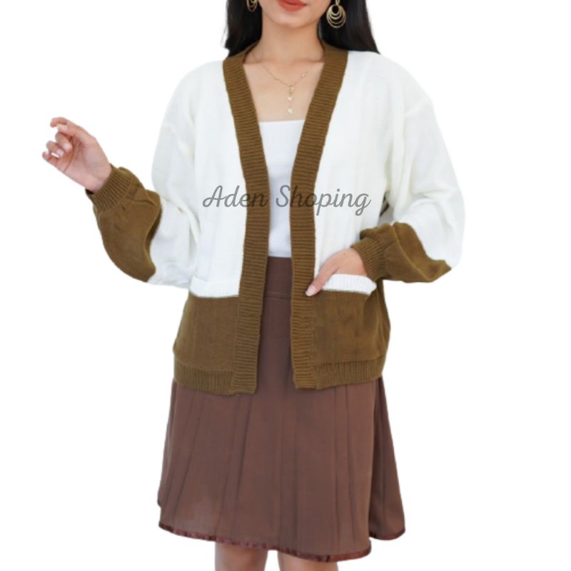 Cardigan Rajut Javie Pocky Kardigan Dante Outer Cardy Wanita Clarisa Mix-Putih / Brownze