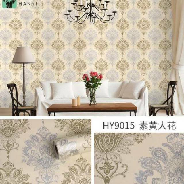 WALLPAPER DINDING MOTIF  BATIK HIJAU SILVER DSR CREAM 10m x 45cm