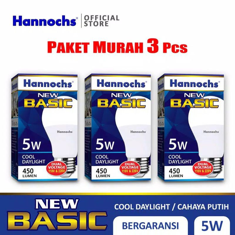 Hannochs Lampu LED New Basic 5 Watt - Cahaya Putih ( Paket 3 pcs )