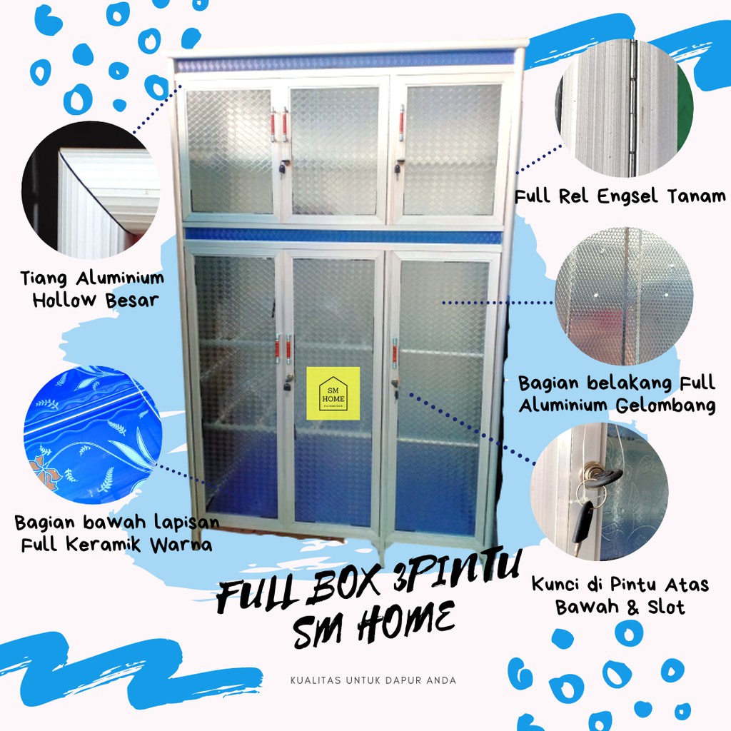 RAK PIRING ALUMINIUM SUPER 3PINTU FULL BOX KACA LEMARI DAPUR KUNCI FULL KERAMIK TAHAN TIKUS RAYAP