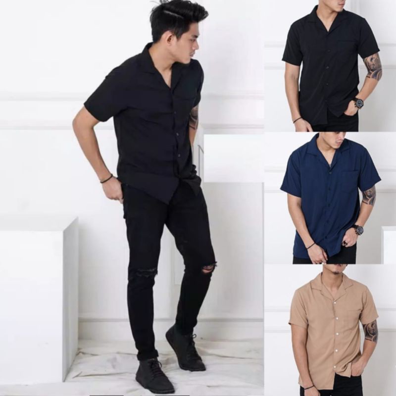 Kemeja Pria Vintage Original Brand Kemeja Polos Lengan Pendek Hem Pria Kasual