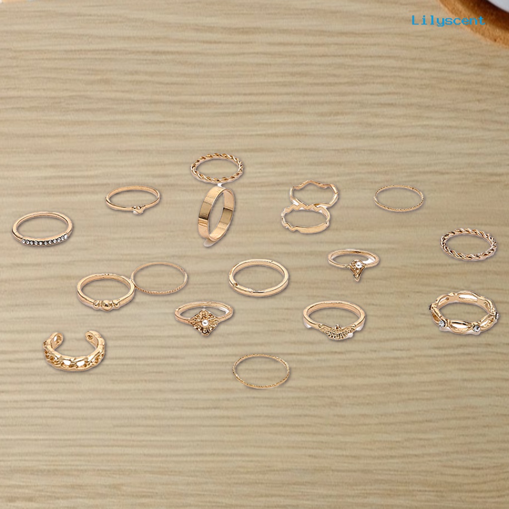 17pcs Cincin Knuckle Hias Mutiara Berlian Imitasi Gaya Vintage Untuk Wanita