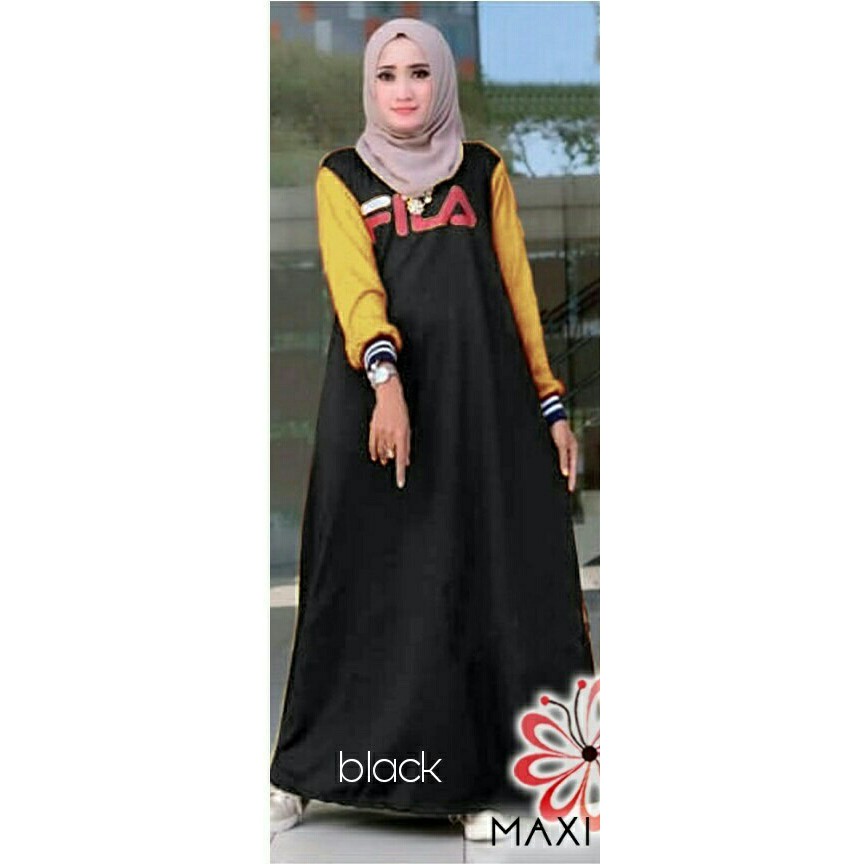 baju gamis wanita Maxi fila hitam dres baju muslim
