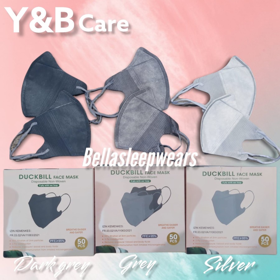 GREY SILVER SHRIMPINK DB YB CARE PACK 50 - MASKER DUCKBILL Y&amp;B CARE EARLOOP 3PLY GARIS WARNA