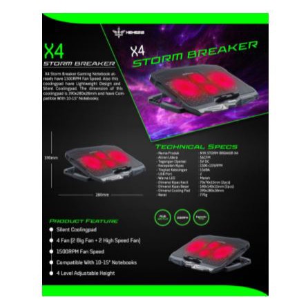 Cooling pad laptop gaming nyk mesh 4 fan adjustable storm breaker x-4 - Cooler pad coolingpad x4