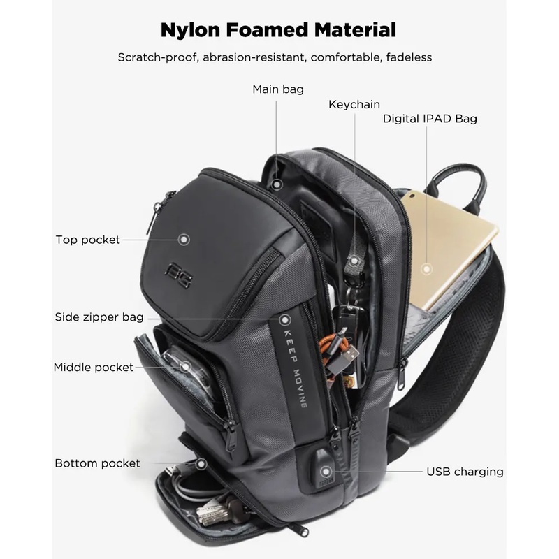 BANGE BG-7086 - Tas Selempang Pria 8L dengan USB Charging Port - Casual Sling Bag 8L Capacity from BANGE