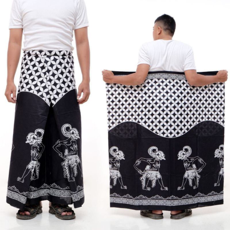 SARUNG BATIK HALUS MOTIF WAYANG BENOWO DEWASA HITAM PUTIH/jahitan rapi