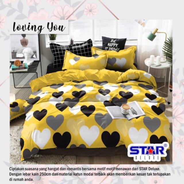 Sprei Star Motif Loving You Kuning Katun Lokal Ukuran 180x200 160x200 120x200 100x200 Dll