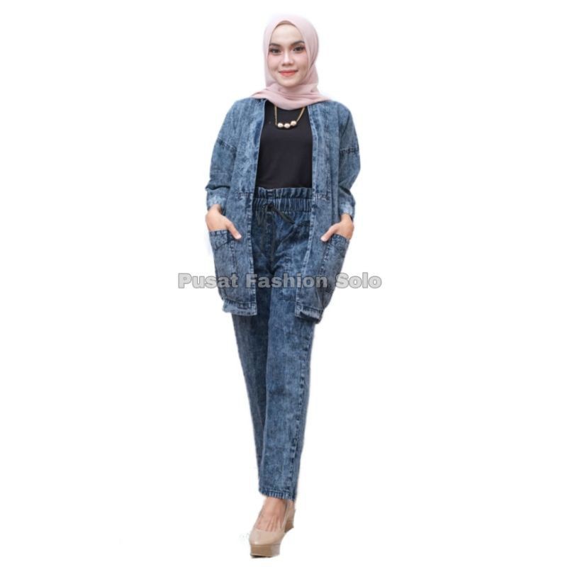 ONE SET CARDIGAN JEANS / SETELAN OUTER JEANS FASHION WANITA TERBARU