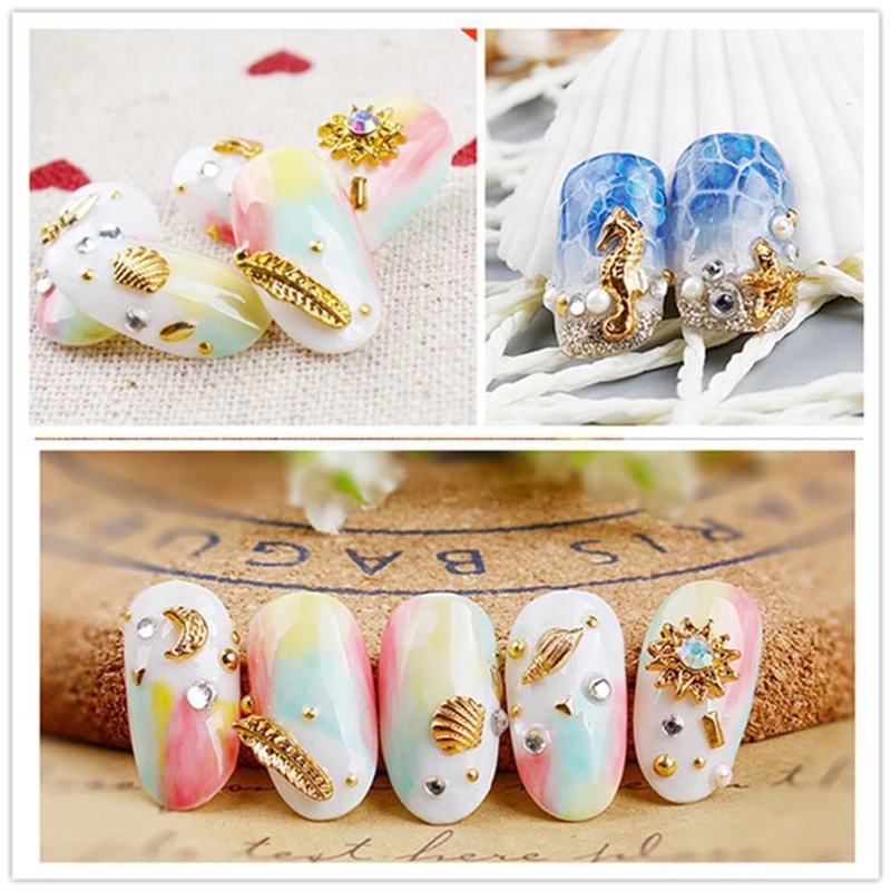 1 Kotak Stiker Nail Art UV Gel Polish Desain Bulan Bintang 3D Bahan Metal Untuk Dekorasi Manicure