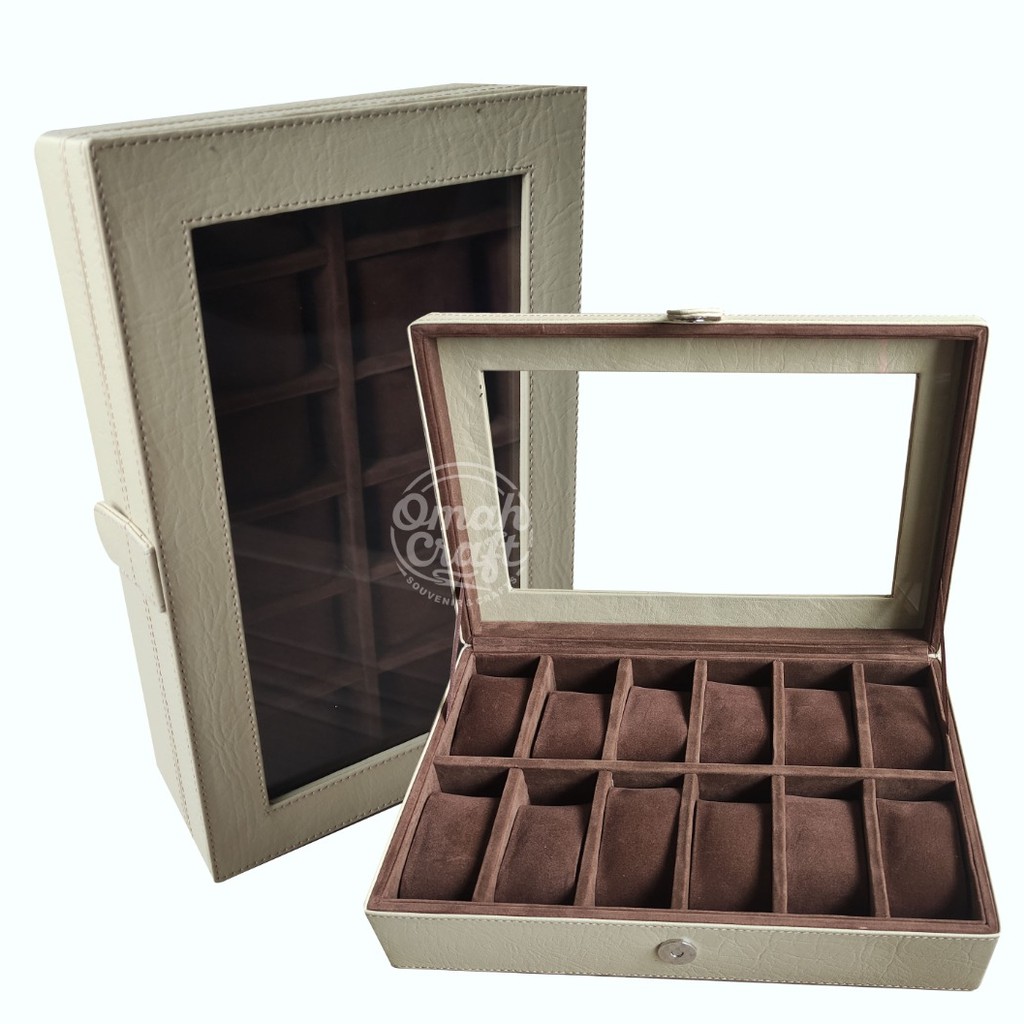 Kotak Jam Tangan isi 12 Warna Crem dalam Cokelat / Box Tepat Penyimpanan Jam Tangan / Watch Box