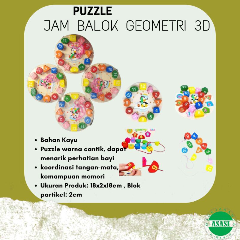 Puzzle kayu jam geometri analog digital mainan anak edukasi toys 3in1 Penguin Beaded clock mainan edukasi jam dan meronce