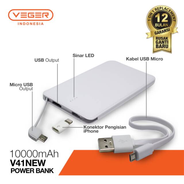 Power Bank  VEGER V41 10000mAh Slim cable Original Garansi 1 Tahun