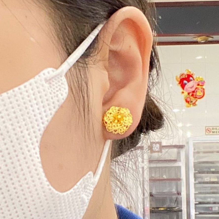 Anting duduk anak dan dewasa emas asli kadar 700 70% 16k model bunga like kendari 2 3 gram gr g giwang kerabu duduk paku tusuk desain 3D