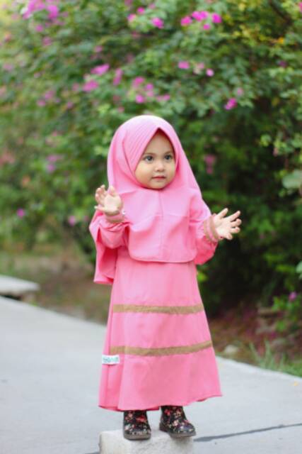 Gamis Anak Wolfis Strip Set Kerudung Besar Usia 1-10 tahun Original