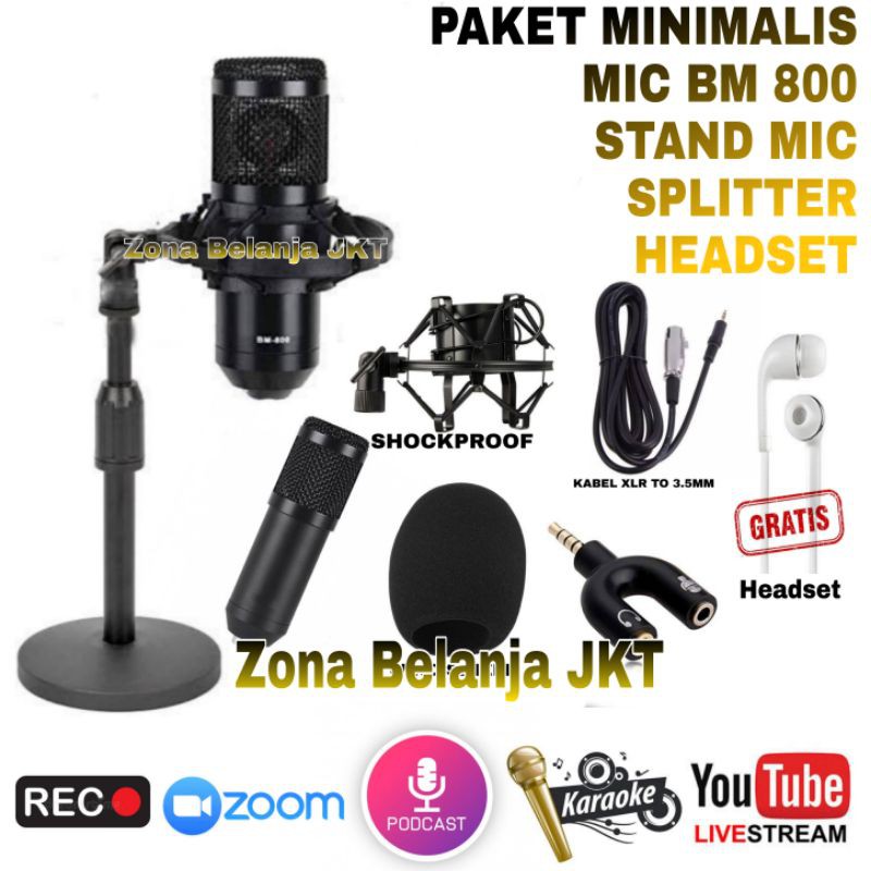 PAKET MINIMALIS MIC BM800 BM 800 CONDENSER RECORDING WITH STAND MIC MEJA