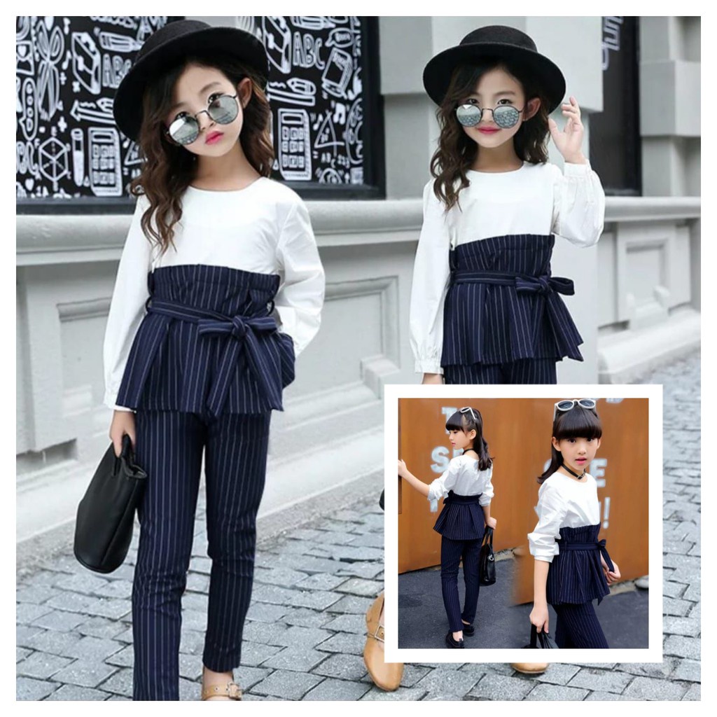 Setelan baju anak/ set kemeja salur anak + Celana / wanset anak perempuan Korean set pevita REN