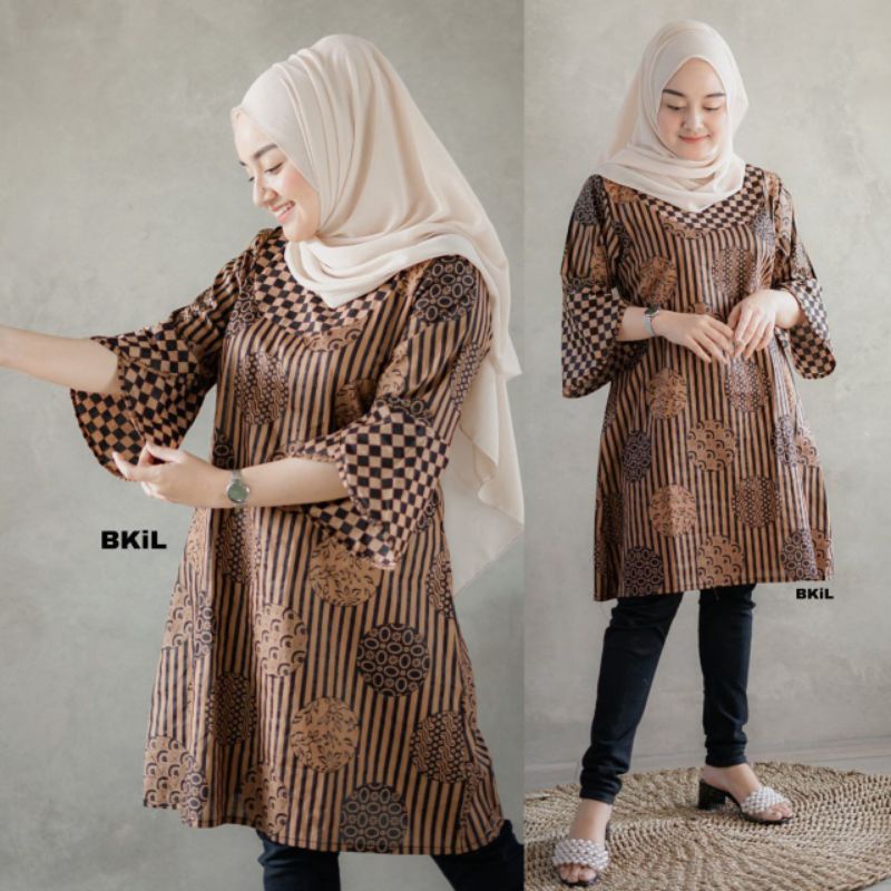 tey-17 Batik wanita ASJ SA HRB026 Kenongo Kemeja Tosca Pendek-Tunik Koin Coklat