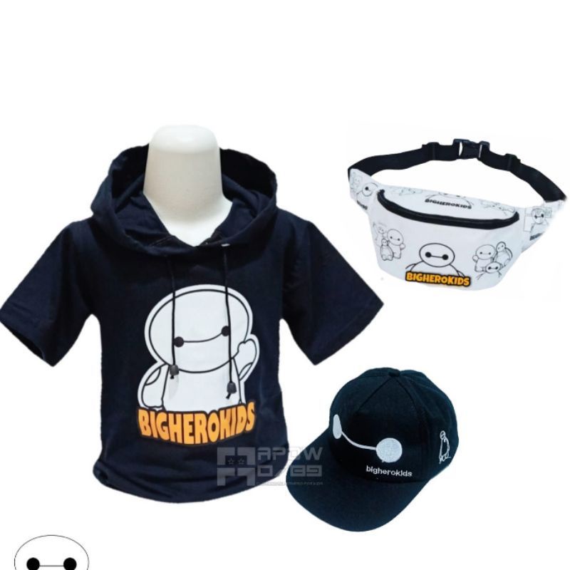 {BISA COD} Paket 3IN1 kaos Hoodie anak baymax / Tas Waistbag dan topi baymax