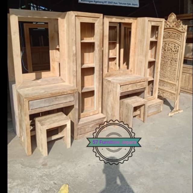Meja rias laci minimalis kayu jati + lemari kaca kecil mentahan