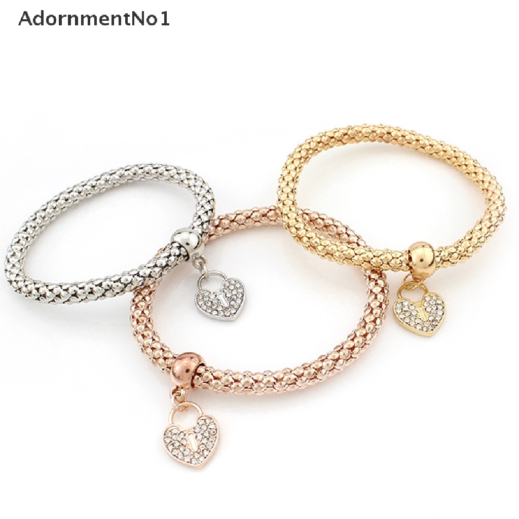 (AdornmentNo1) 3pcs / Set Gelang Tangan Elastis Motif Hati Aksen Kristal + Berlian Imitasi Untuk Perhiasan Wanita