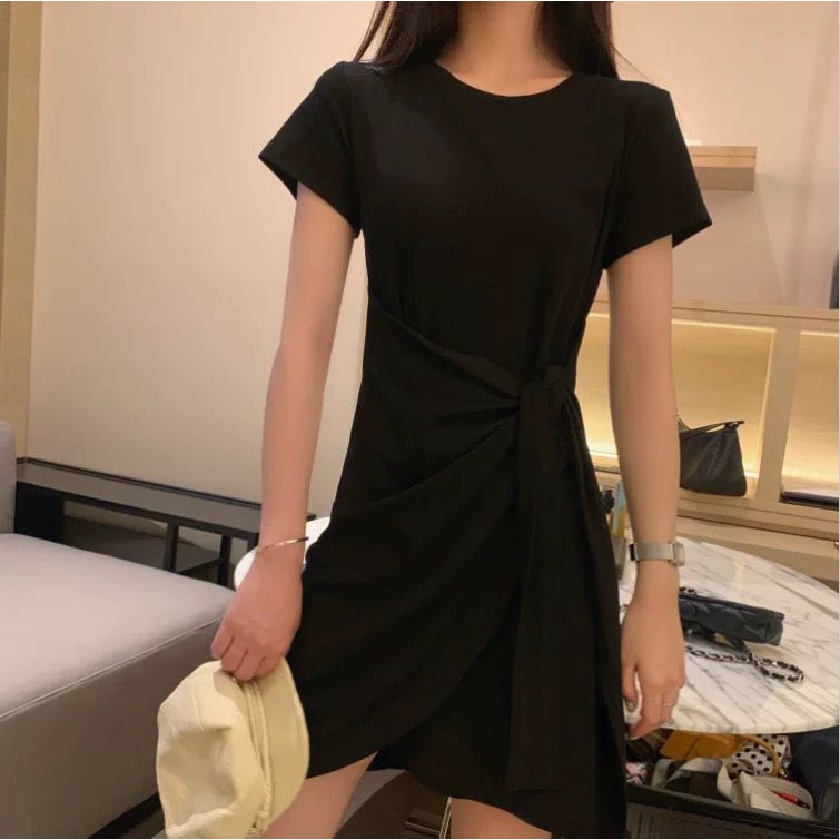 [littlecrab] Dress Wanita Wrapping Hitam Abu-Abu Dress Santai High Class Dress Model Santai Hang Out Dress High Quality Dress Pendek Dress Pesta Dress Simple Polos Elegan Casual Korean Style