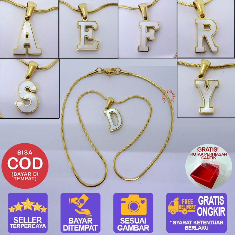 Lovelybutik Shell Kalung Huruf Titanium Anti Karat Kalung Anak Inisial A-Y BONUS KOTAK PERHIASAN