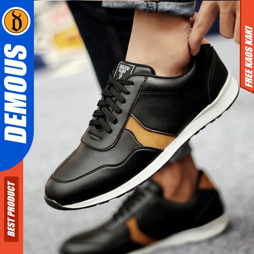 Demous Sepatu Kasual Pria Sneakers Kulit Pu Kerja Sporty Hitam Vargas