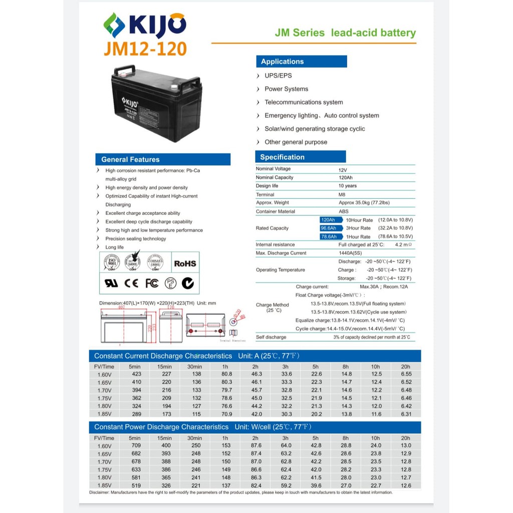 Aki kering battery baterai vrla MF kijo 12v 12 v 120ah 120 ah