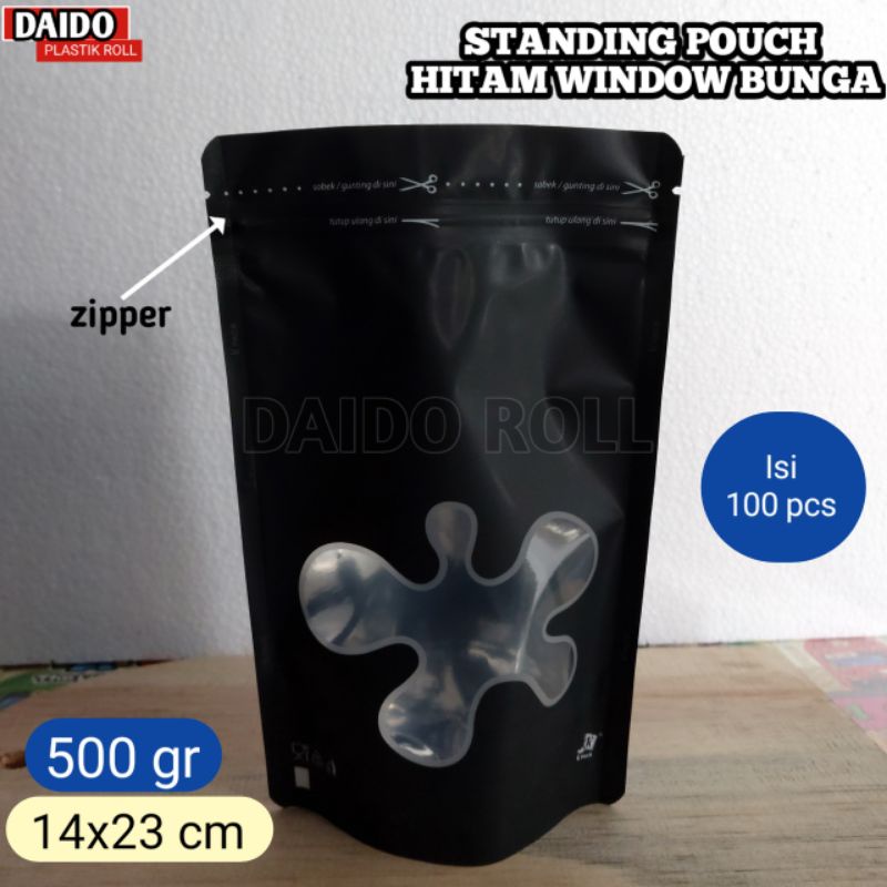 ISI 100 PCS Standing Pouch HITAM DOFF WINDOW 500gram KPACK Kemasan Aluminium Foil KEMASAN KOPI KEMAS