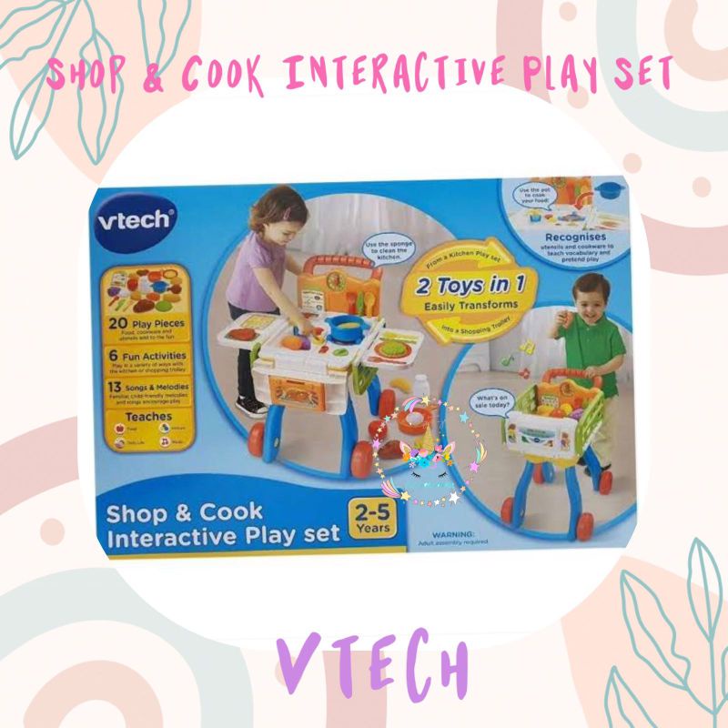 VTECH 2IN1 SHOP AND COOK INTERACTIVE PLAYSET ORIGINAL MAINAN EDUKASI ANAK SHOPPING CART COOKING SET