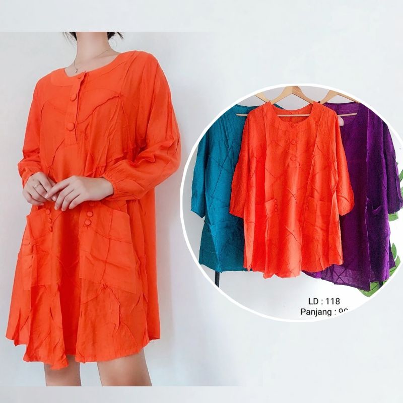 rayon dress simple comfy adem lengan panjang Jumbo 3L big size motif polos patch wajik warna cerah o
