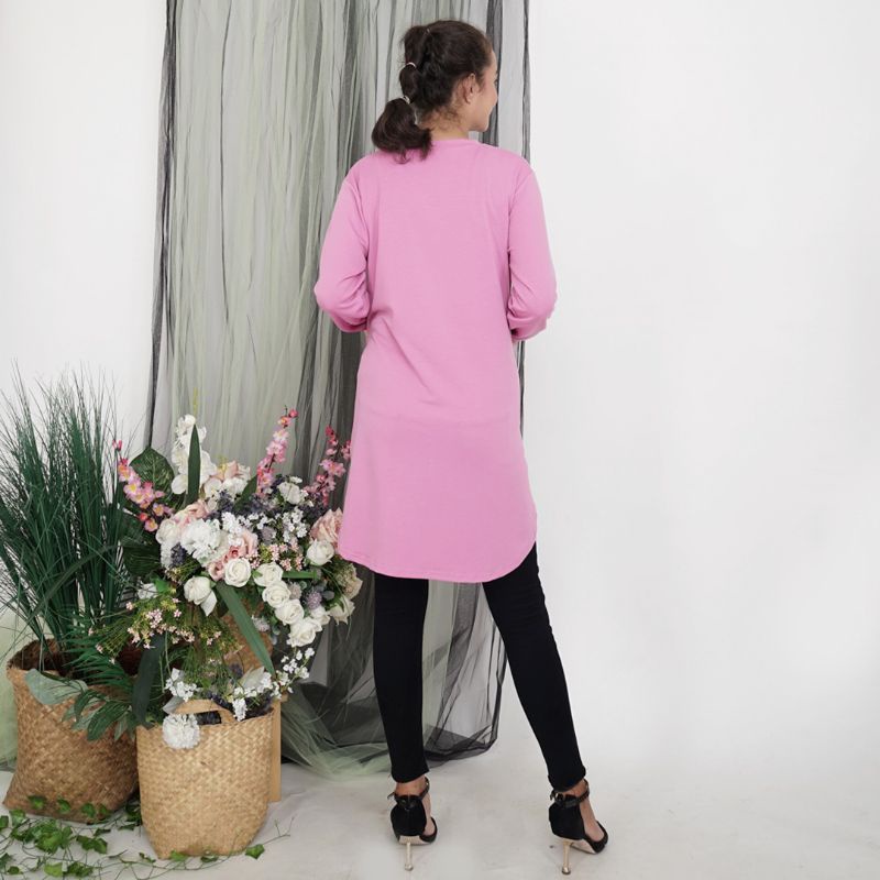 Kaos Tunik Wanita Pink Tangan Panjang