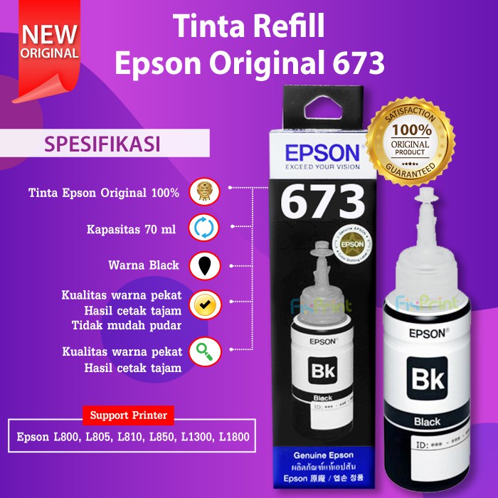 Tinta Epson 673 C13T673 T673 Reefill Original L800 L805 L810 L850 L1800 Black Cyan Magenta Yellow